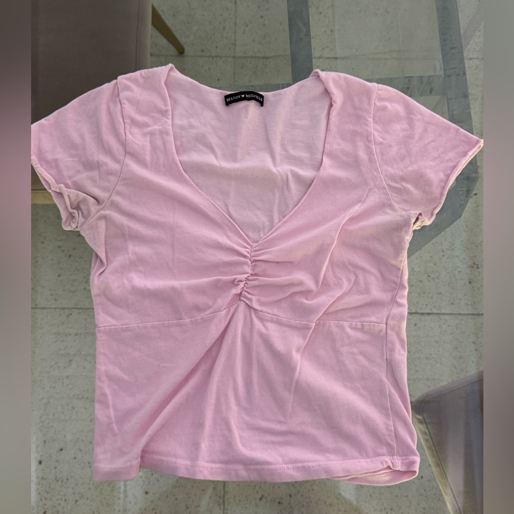 Brandy Melville Light Pink Ruched V-neck tee